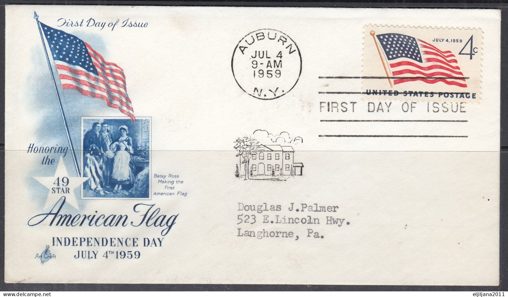 SALE !! 50 % OFF !! ⁕ USA 1959 ⁕ American Flag Independence Day 4c. ⁕ FDC Cover AUBURN - 1951-1960