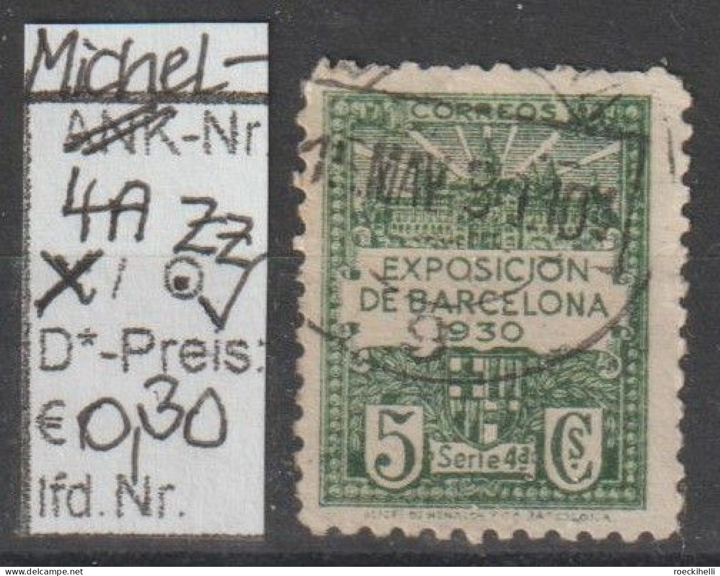 1930/31 - SPANIEN/BARCELONA - FM/DM/Zz "Exposicion 1930" 5 C Grün/h'grün - O Gestempelt - S.Scan (Zz 4Ao Esp/barcelona) - Barcelona