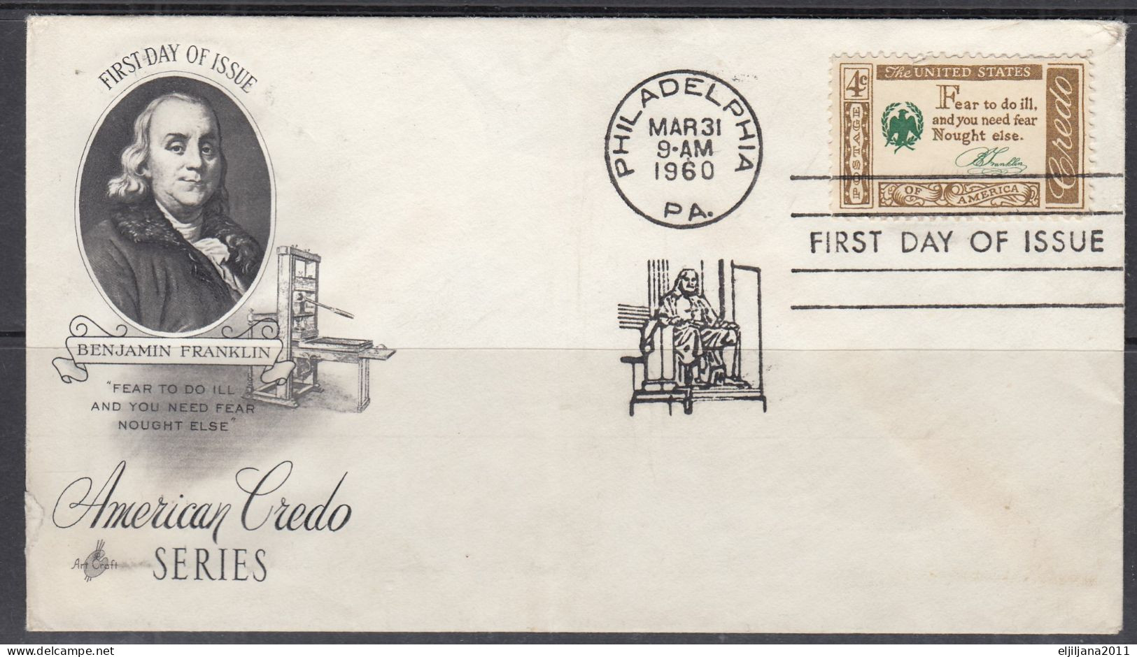 SALE !! 50 % OFF !! ⁕ USA 1960 ⁕ Benjamin Franklin 4c. ⁕ 2v FDC Covers PHILADELPHIA - 1951-1960