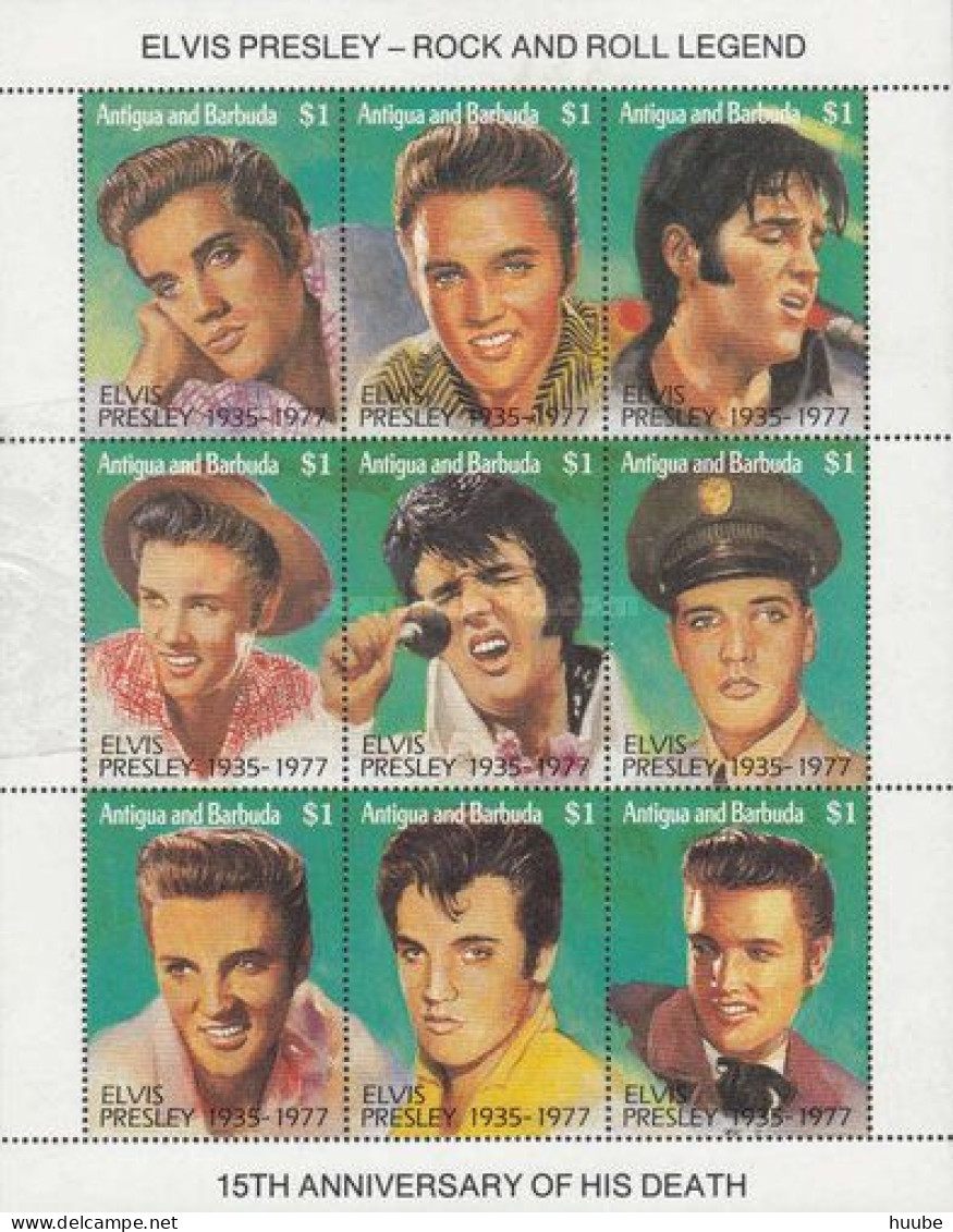 Antigua And Barbuda, 1992, MI 1677-1685, 15th Anniversary Of The Death Of Elvis Presley, Sheet Of 9, MNH - Elvis Presley