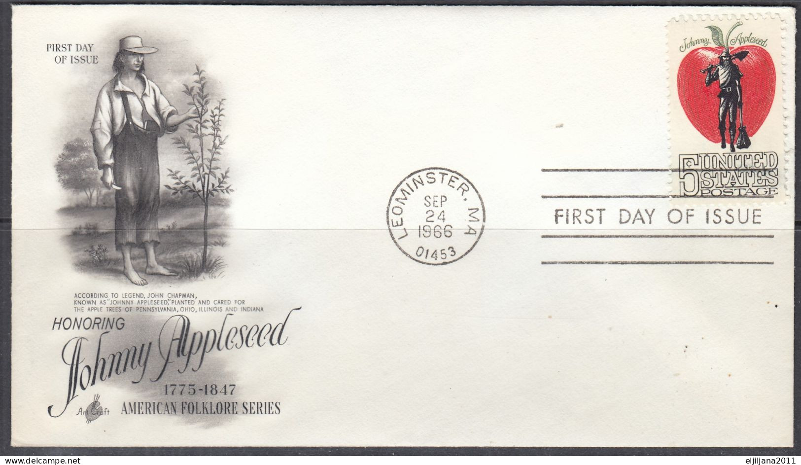 SALE !! 50 % OFF !! ⁕ USA 1966 ⁕ Johnny Appleseed / Folklore 5c. ⁕ FDC Cover, Leominster - 1961-1970