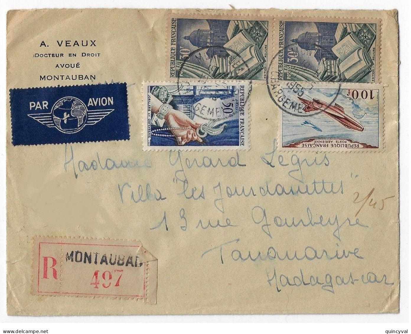 MONTAUBAN Chargement Lettre Recommandée Etiquette PAR AVION Dest Madagascar Reliure Joaillerie Mystère Yv 971 973 PA30 - 1927-1959 Covers & Documents