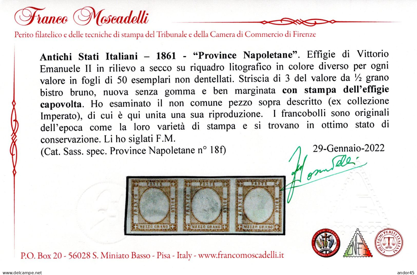 1861  STRISCIA DI TRE DEL  1/2 GRANO BISTRO BRUNO  SASS 18f EX COLLEZIONE IMPERATO NUOVO SENZA GOMMA  BEN MARGINATO CON - Neapel