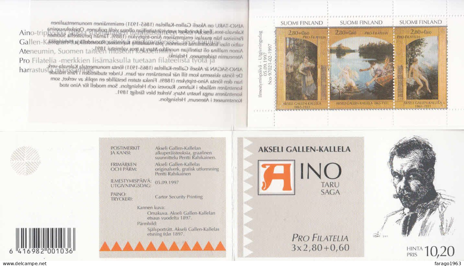 1997 Finland Art Paintings Gallen-Kakkela Complete Booklet Of 3 MNH - Unused Stamps