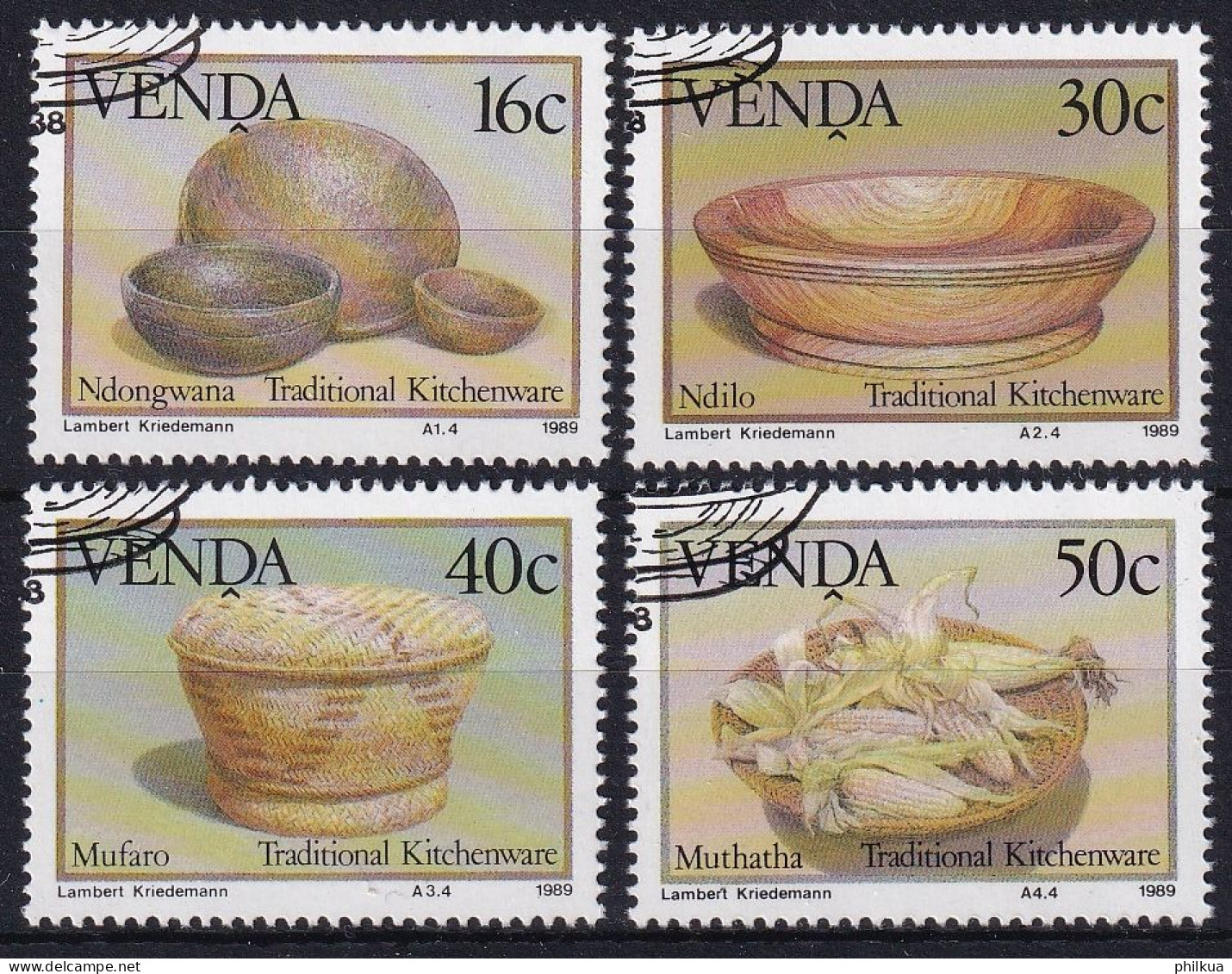 MiNr. 183 - 186 Südafrika, Venda    1989, 5. Jan. Traditionelles Küchengeschirr - Mit ET-Eckstempel - Venda