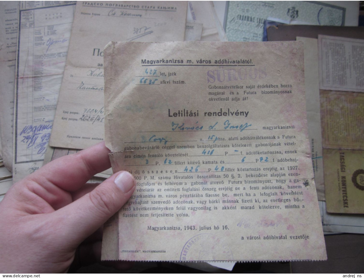 Letiltasi Rendelveny Restraining Order Magyarkanizsa Surgos 1943 WW2 Okupation - 1939-45