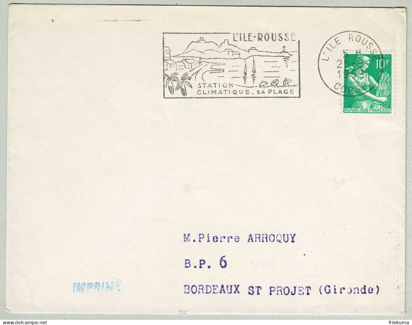 Frankreich / France 1959, Brief L'Ile Rousse - Bordeaux, Station Climatique - Islas