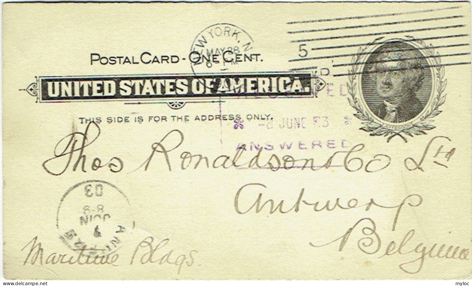 United States Of America. Postal Card. One Cent. New York To Anvers 1903. North American Trust Co. Broadway. - Other & Unclassified