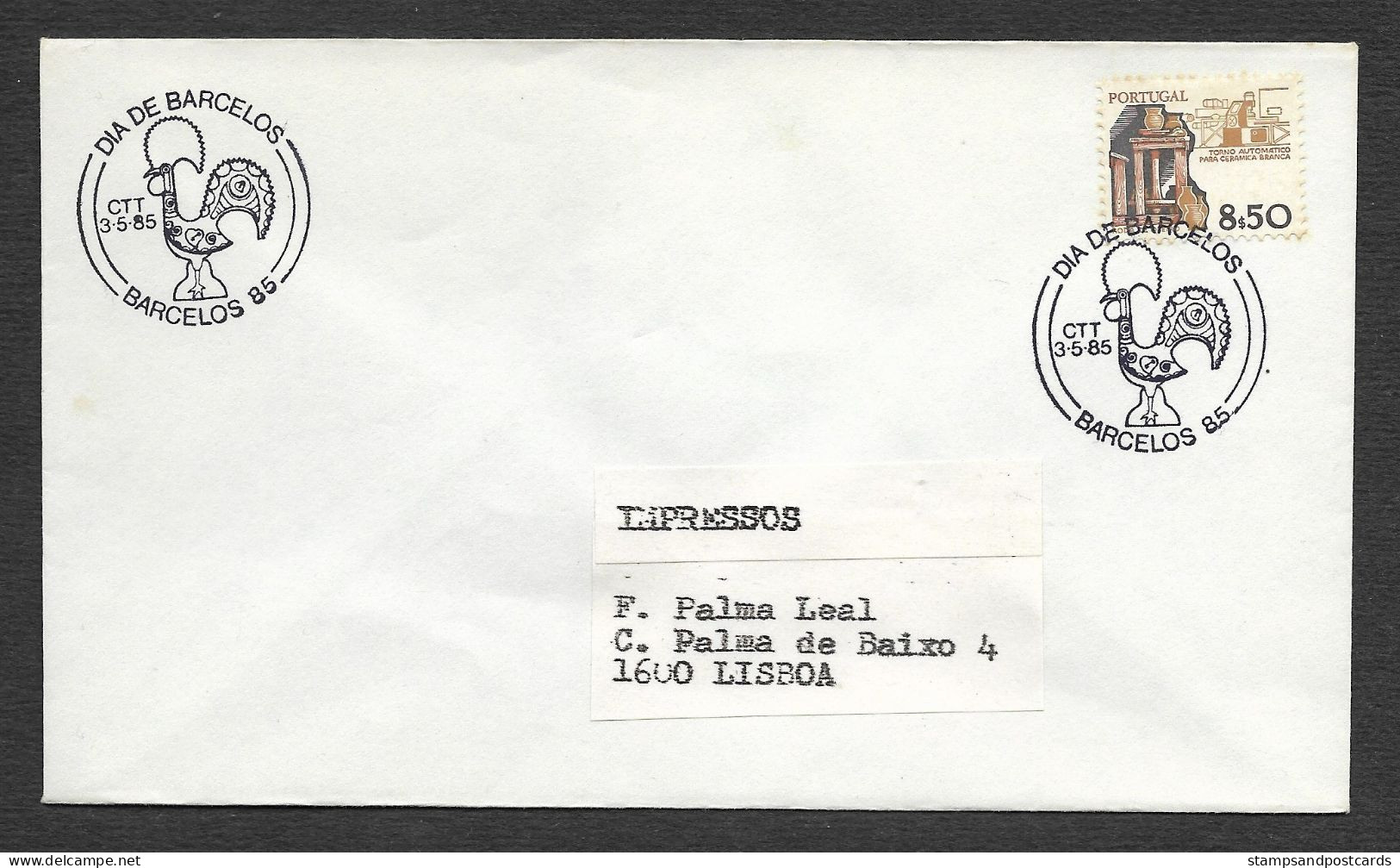 Portugal Cachet Commémoratif Coq De Barcelos Journée De La Ville 1985 Barcelos Rooster Event Pmk - Postal Logo & Postmarks