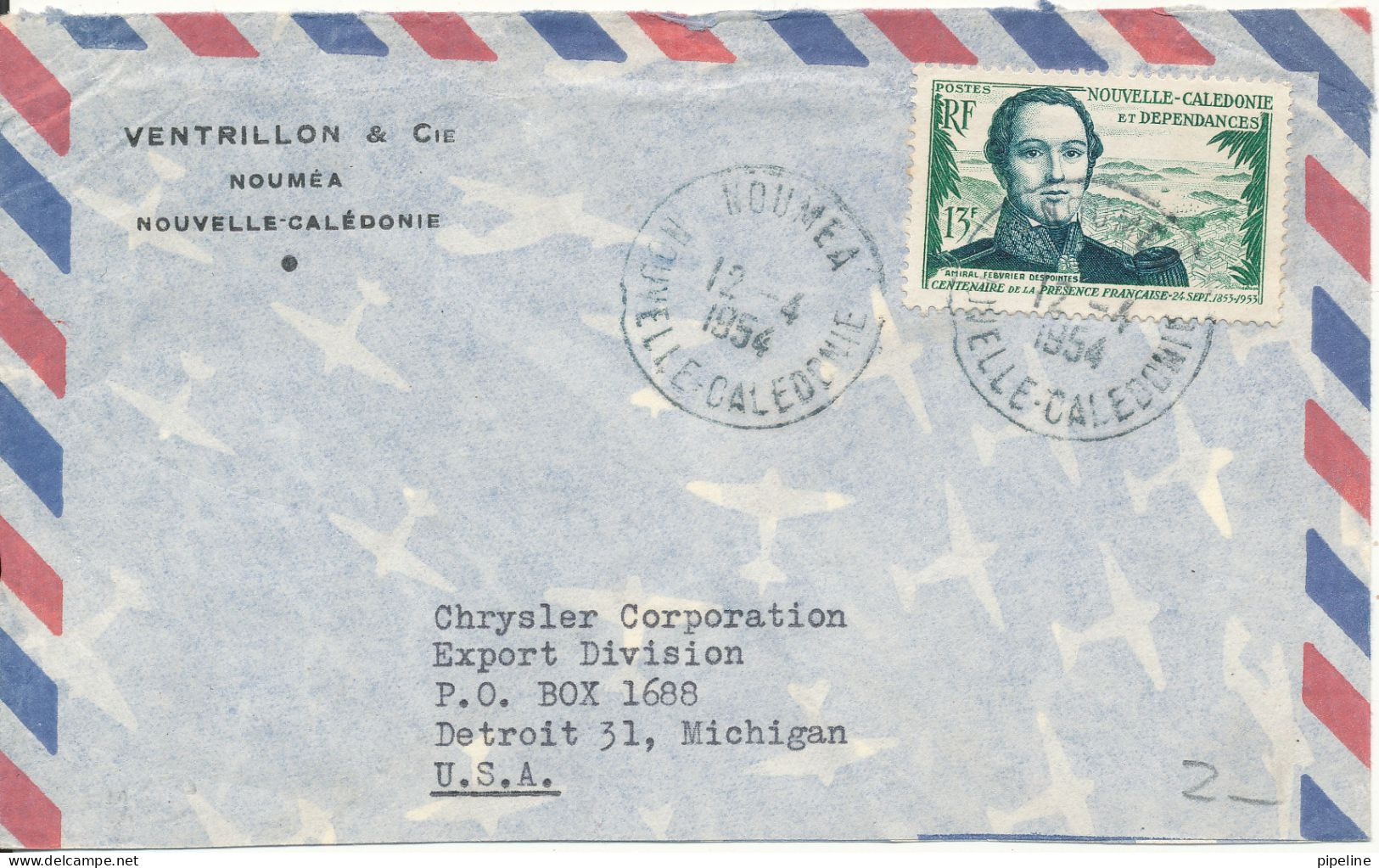 New Caledonia Air Mail Cover Sent To USA 12-4-1954 Single Franked - Covers & Documents