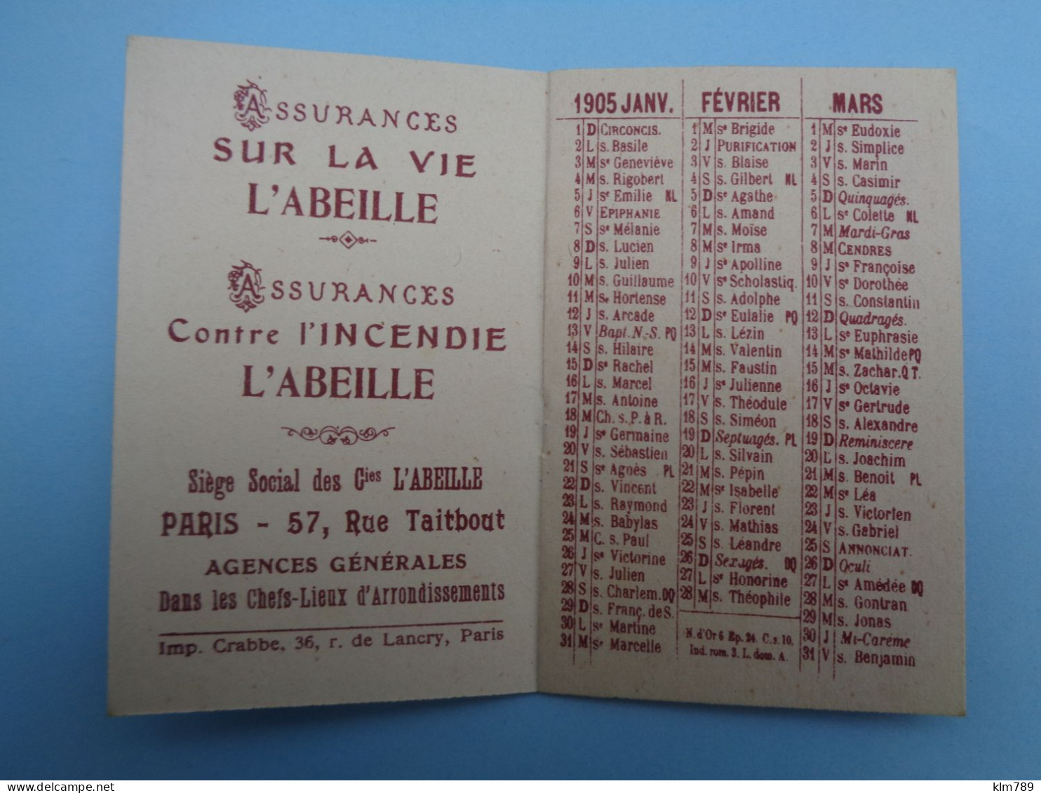 Petit Calendrier 1905 - Petit Calendrier Abeille - Assurances - Réhaussement De Dorures  - 3 Scanns - - Big : 1901-20