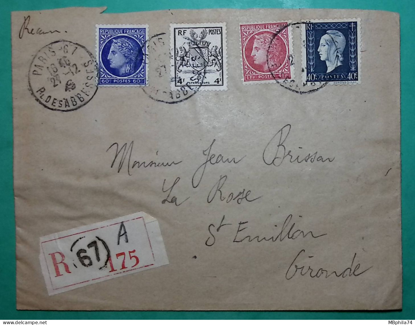 N°674 + 676 + 684 + 735 CERES MAZELIN DULAC ARMOIRIES RECOMMANDE PARIS POUR ST EMILION GIRONDE 1945 LETTRE COVER FRANCE - 1945-47 Cérès Van Mazelin