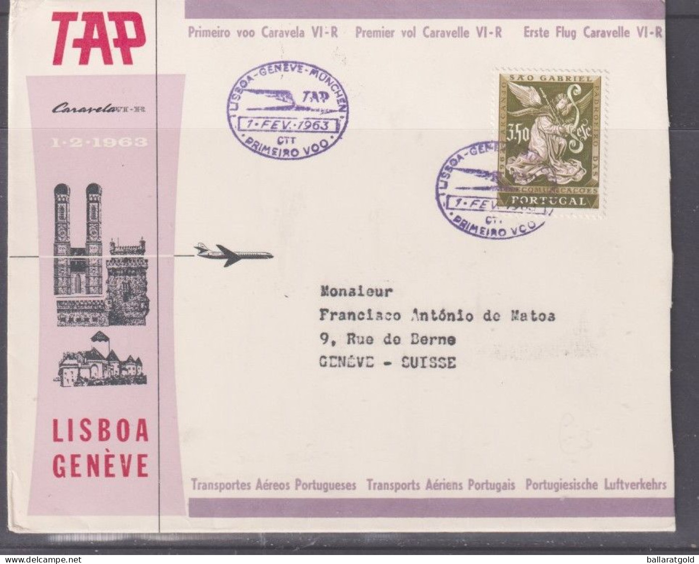 Portugal 1963 TAP Lisbon To Geneva Flight Cover + Back - Cartas & Documentos