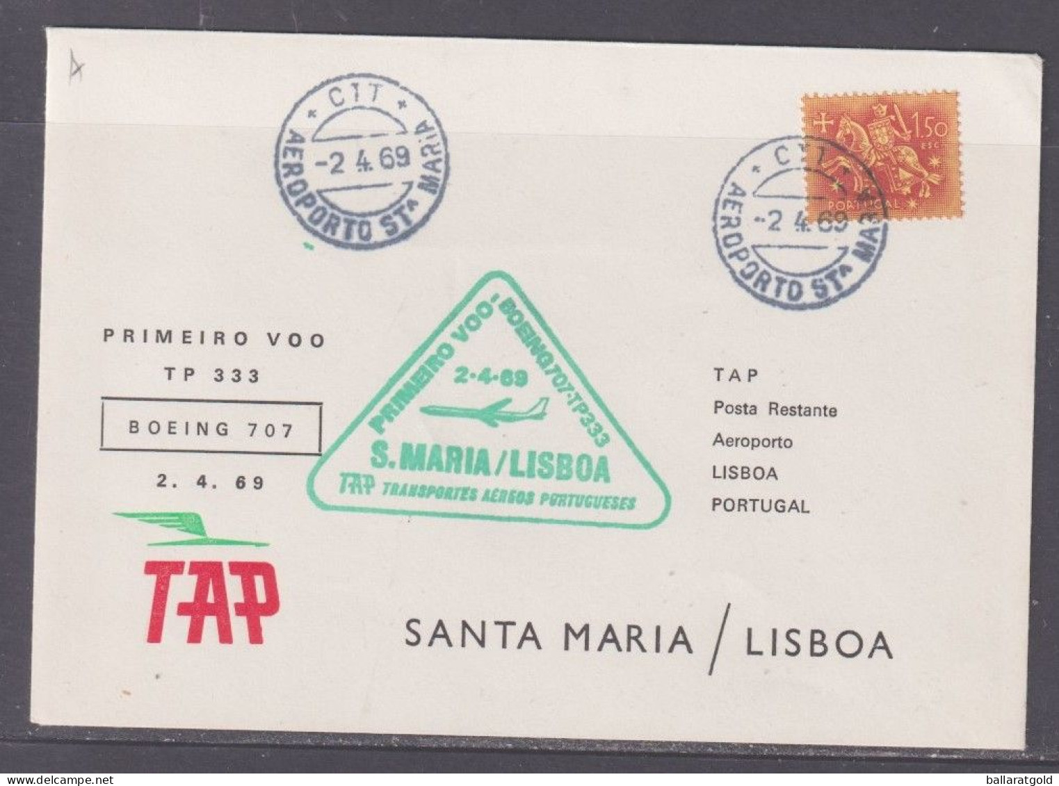 Portugal 1969 TAP Santa Maria To Lisbon Flight Cover + Back - Covers & Documents