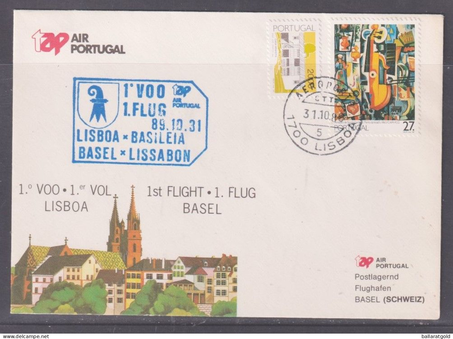 Portugal 1989 TAP Lisbon To Basel Flight Cover + Back - Cartas & Documentos