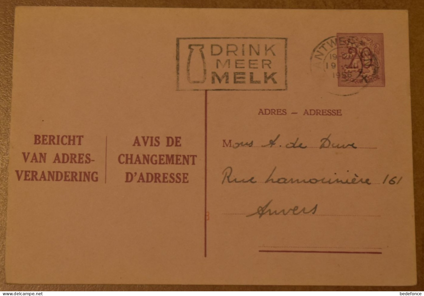 Belgique - Avis Changement Adresse - Prétimbrée - 20 C - Lion - Circulé En 1956 - Flamme "Drink Meer Melk" - Addr. Chang.