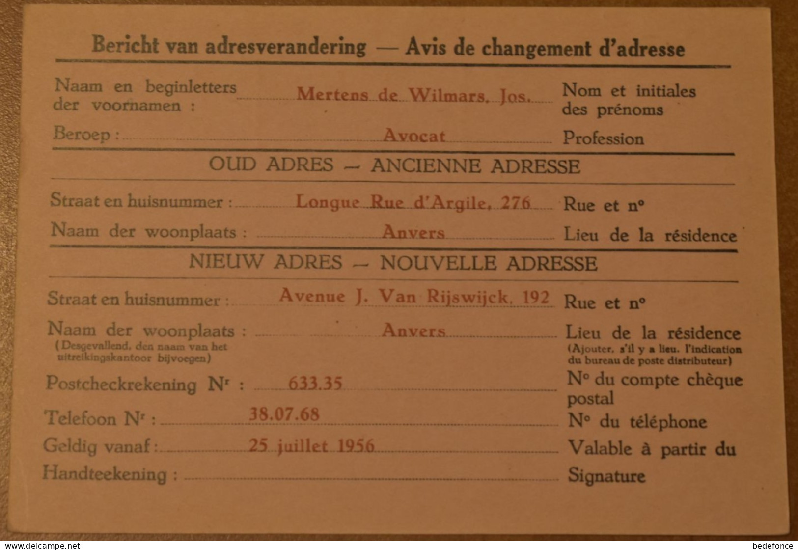 Belgique - Avis Changement Adresse - Prétimbrée - 20 C - Lion - Circulé En 1956 - Flamme "Drink Meer Melk" - Adressenänderungen