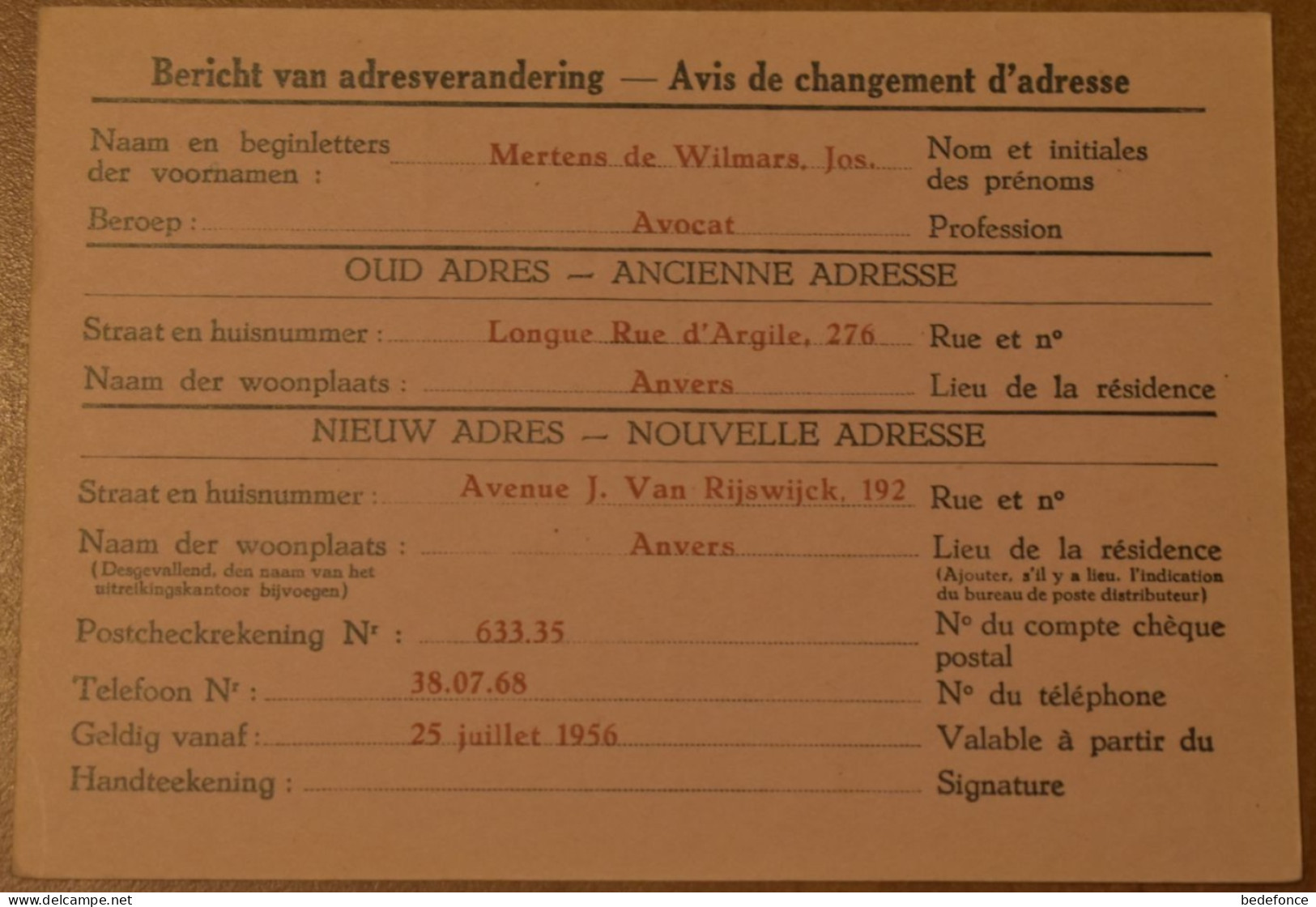 Belgique - Avis Changement Adresse - Prétimbrée - 20 C - Lion - Circulé En 1956 - Flamme "Drink Meer Melk" - Avis Changement Adresse