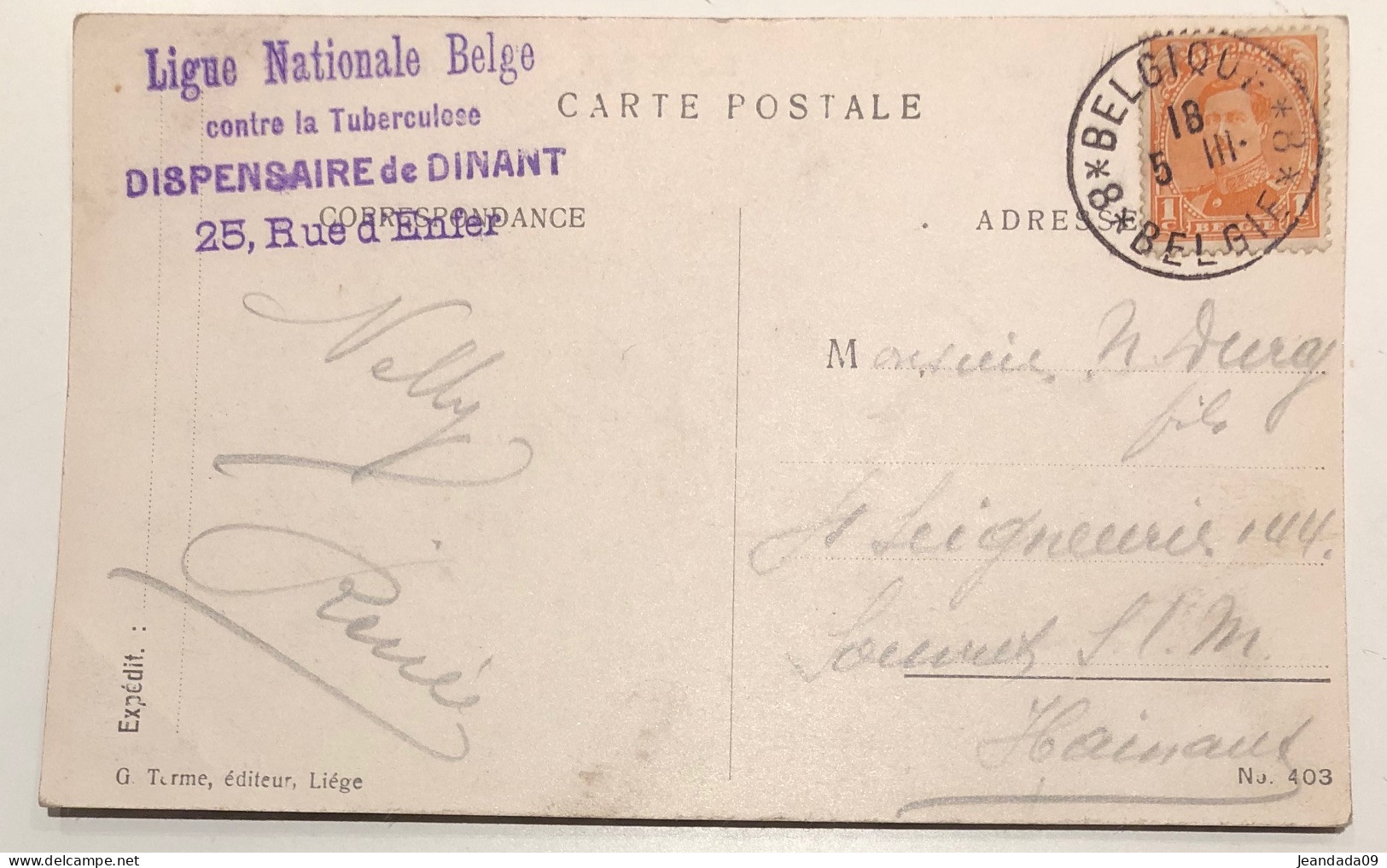 CP Dinant Nouvelle Poste/Hôtel De Ville->Ligue Nationale Belge Dispensaire De Dinant.cachet Belgique*8*Belgie 5 Mars19? - Noodstempels (1919)