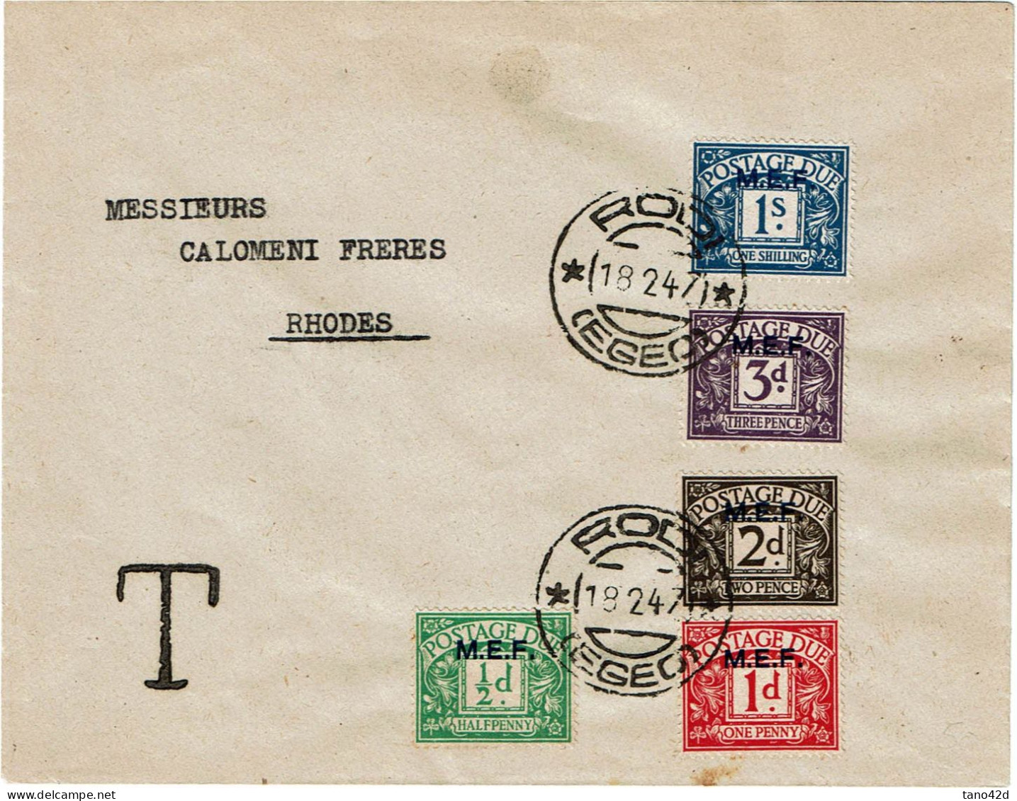 REF CTN 86/B- ITALIE COLONIES OCCUPATION BRITANNIQUE MEF - SERIE TAXE SUR PLI PHILATELIQUE OBL. RODI 18/2/1947 - British Occ. MEF