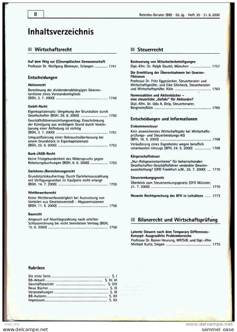 Betriebs Berater 35 - 2000 Steuer - Wirtschaft Recht - Other & Unclassified