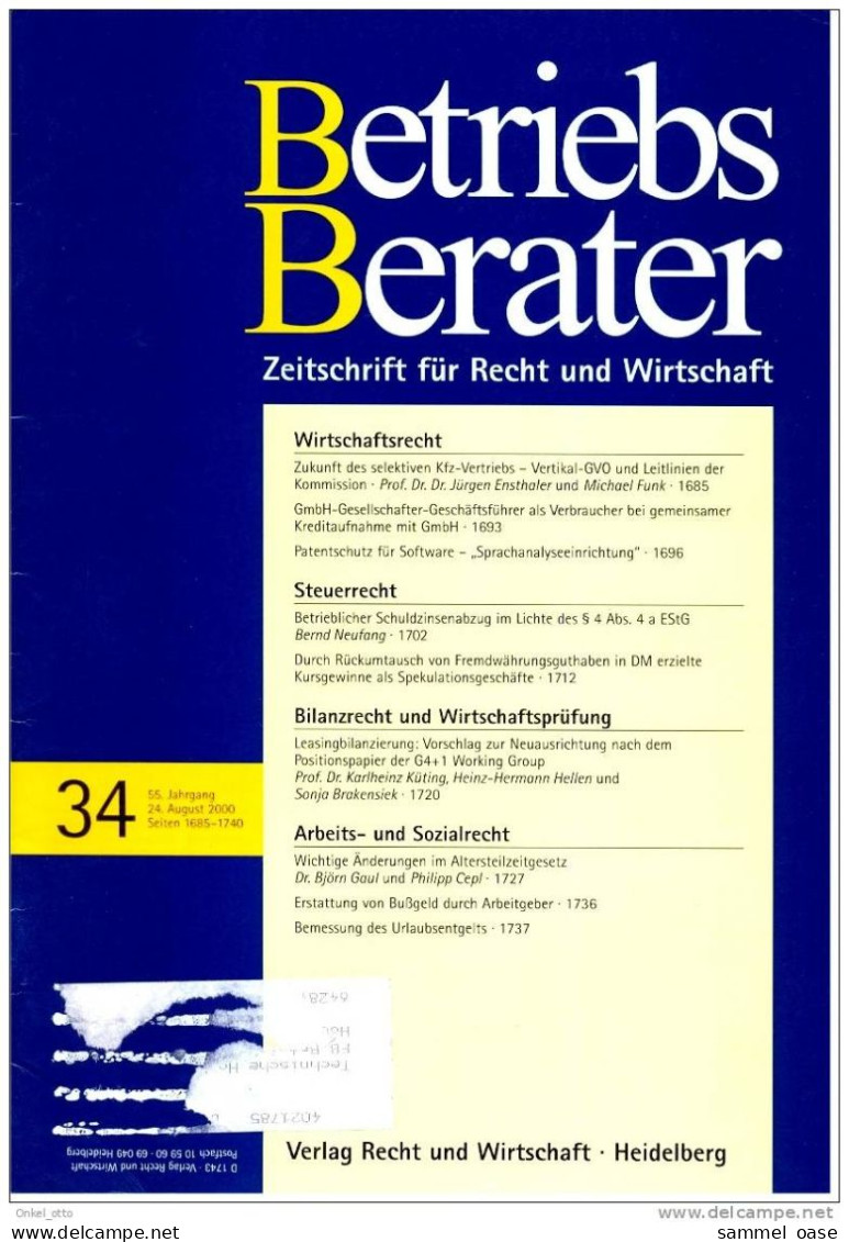 Betriebs Berater 34 - 2000 Steuer - Wirtschaft Recht - Andere & Zonder Classificatie