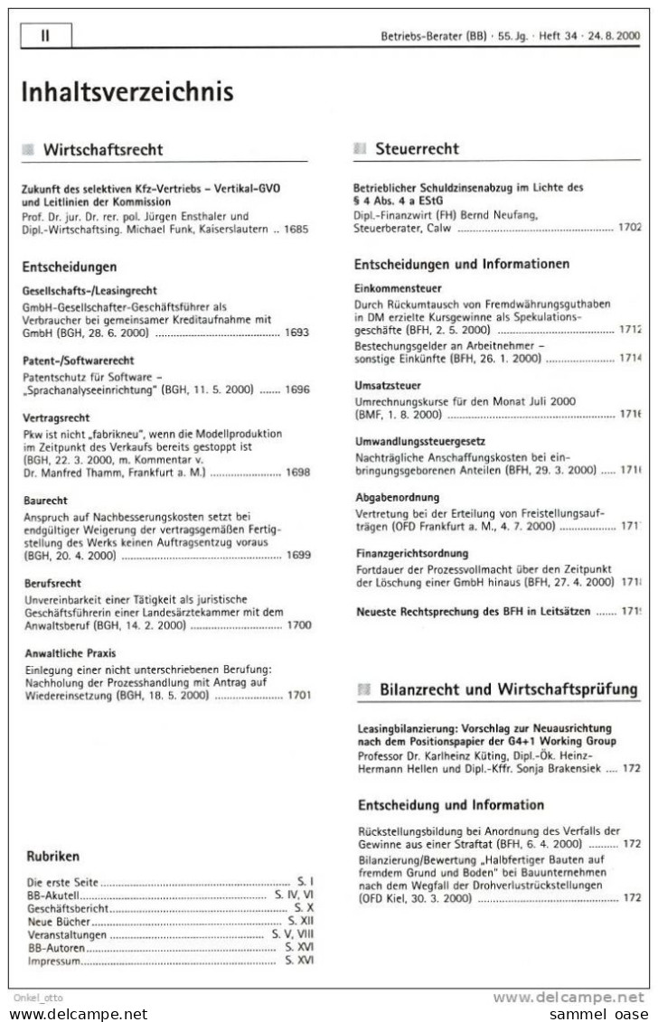 Betriebs Berater 34 - 2000 Steuer - Wirtschaft Recht - Andere & Zonder Classificatie