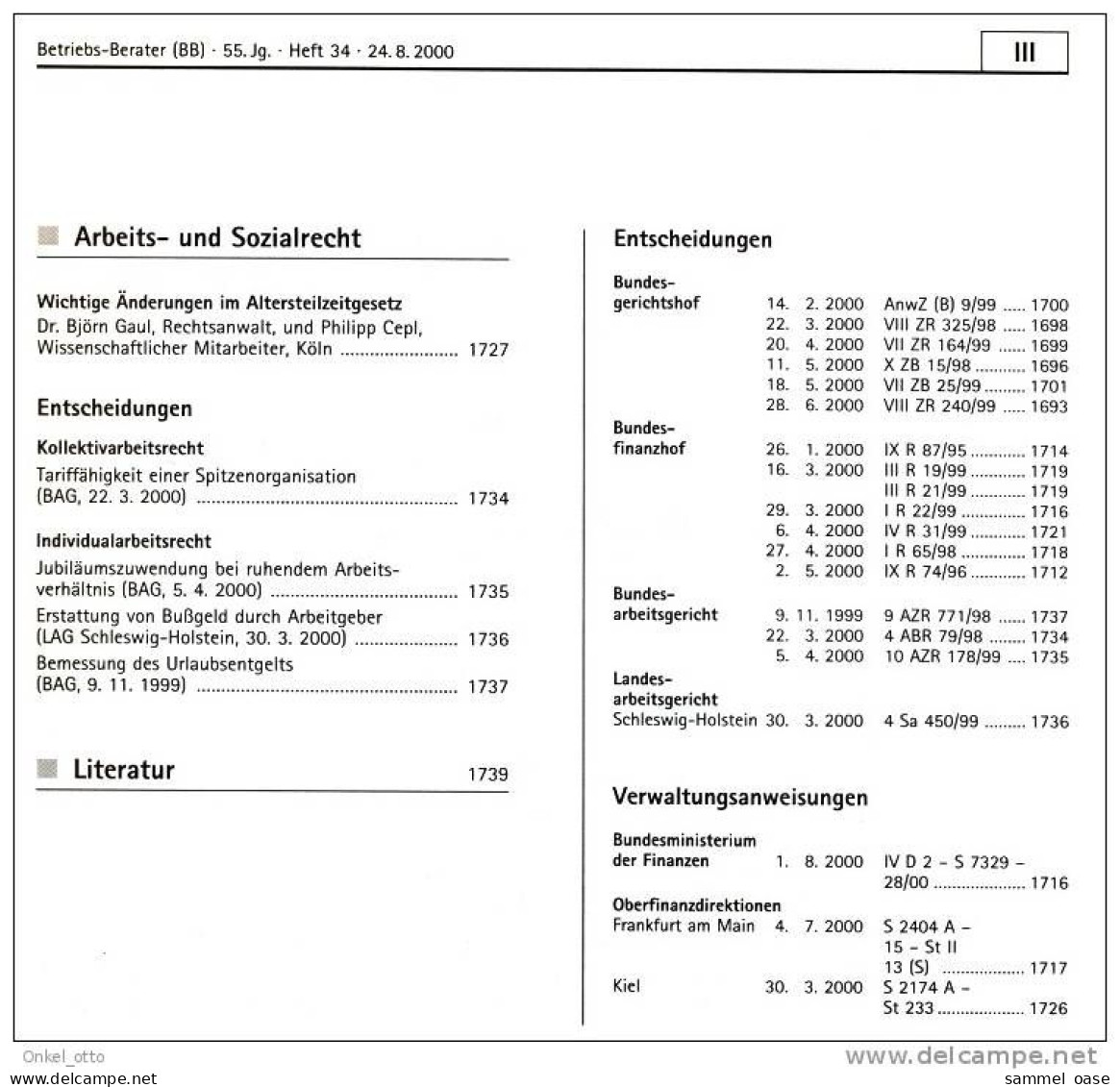 Betriebs Berater 34 - 2000 Steuer - Wirtschaft Recht - Andere & Zonder Classificatie