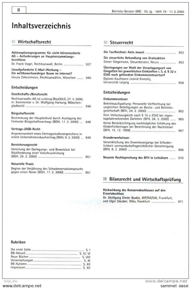 Betriebs Berater 19 - 2000 Steuer - Wirtschaft Recht - Otros & Sin Clasificación