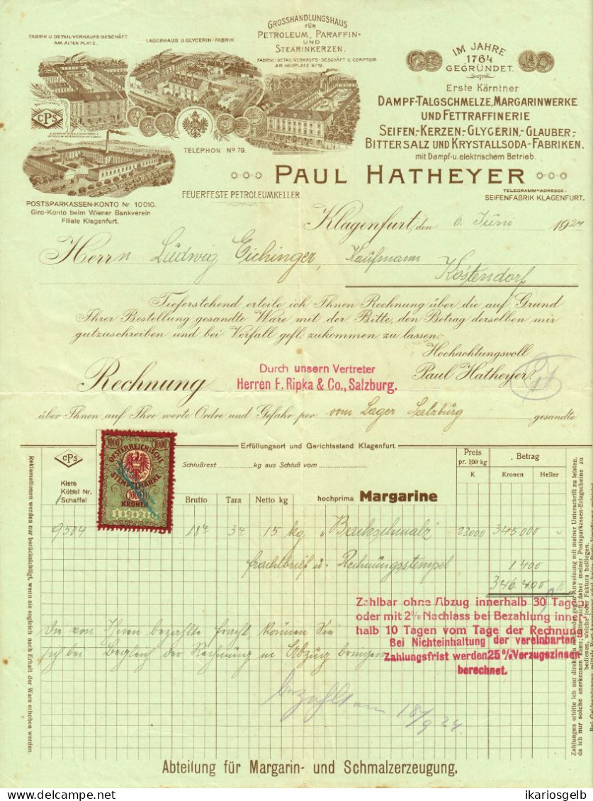 KLAGENFURT Österreich 1924 Deko Farbige Rechnung + Stempelmarke Fiskalmarke Paul Hatheyer Margarinewerk Fettschmelze Pp - Autriche