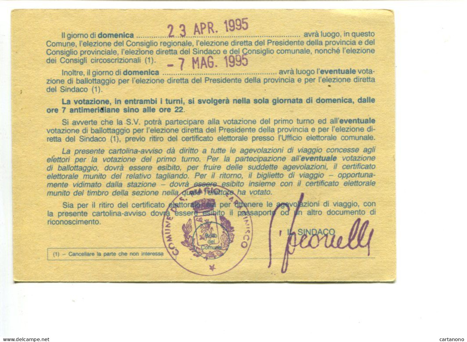 ITALIE - Affranchissement Sur Carte électorale Commune De SAN BIAGIO SARACINISCO - Château / Cigogne - 1991-00: Marcophilie