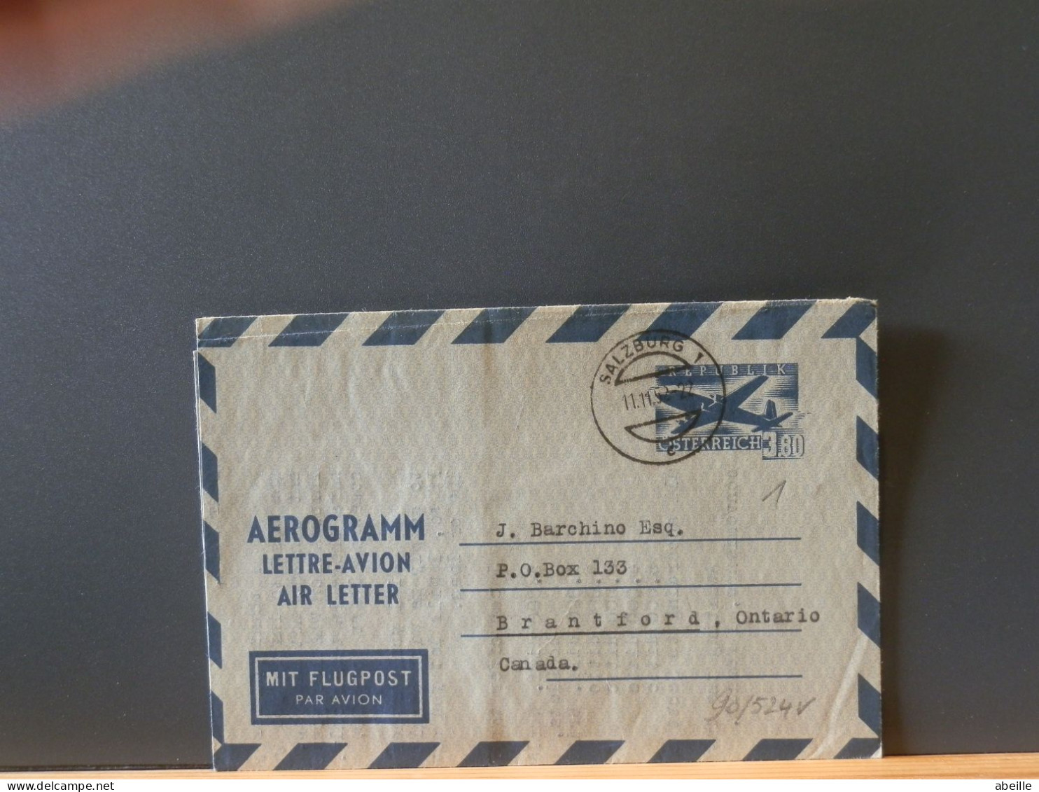90/524V AEROGRAMME  AUTRICHE POUR LE CANADA   1952 - Carte-Lettere