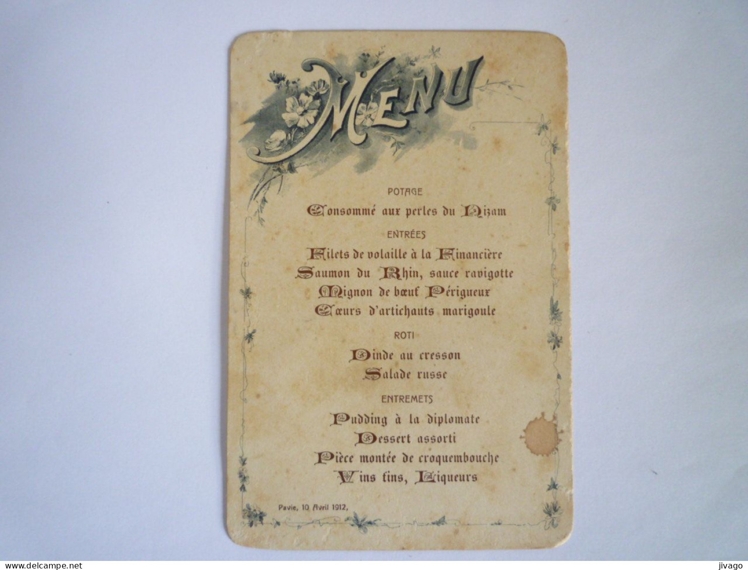 2023 - 2261  MENU  Du 10 AVRIL  1912  à PAVIE     XXX - Menus