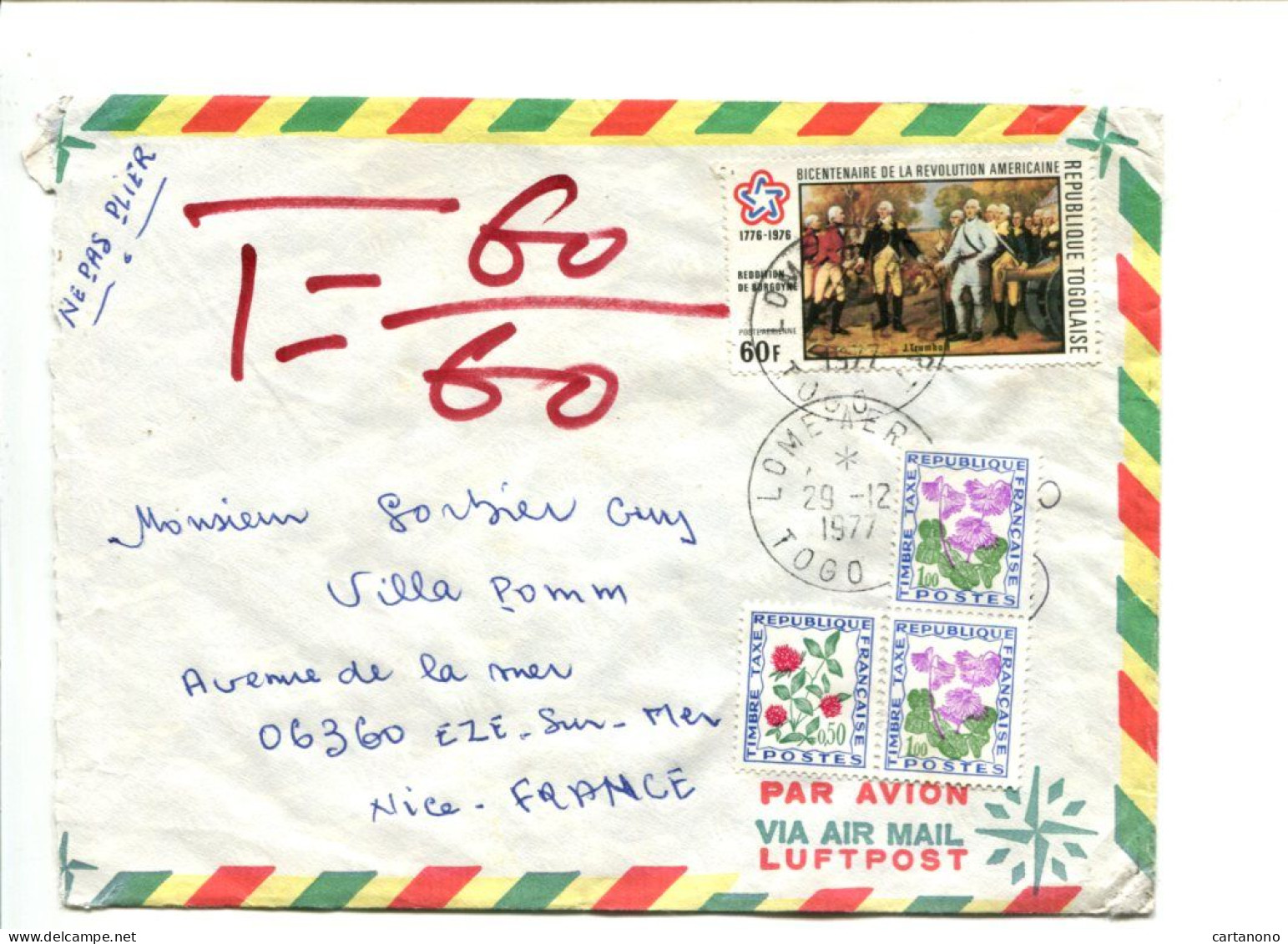 FRANCE / TOGO - Affranchissement Sur Lettre Taxée + Taxe Fleurs 2.50 - Bicentenaire Révolution Américaine - 1960-.... Storia Postale