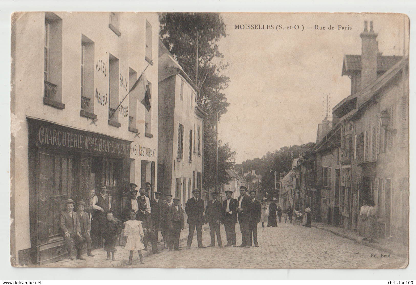 MOISSELLES - RUE DE PARIS - CHARCUTERIE MAISON E. BEUF - EPICERIE - HOTEL - ECRITE 1907 - CARTE PEU COURANTE - EN L'ETAT - Moisselles