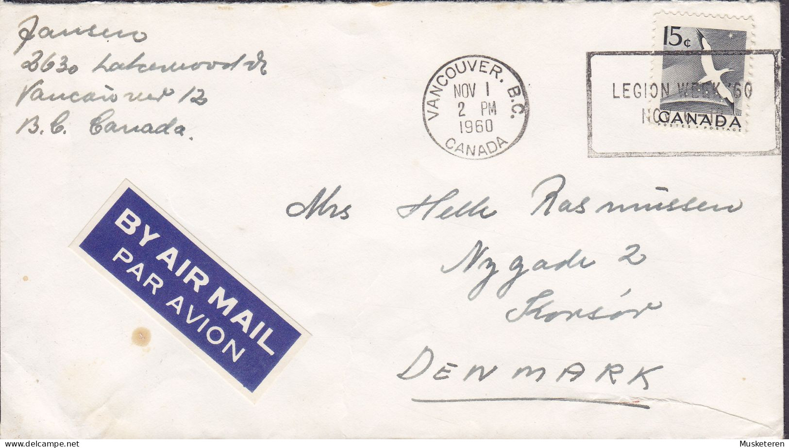 Canada VIA AIR MAIL Par Avion Label Flamme 'Legion Week' VANCOUVER B.C. 1960 Cover Lettre KORSØR Denmark Bird Vogel - Storia Postale