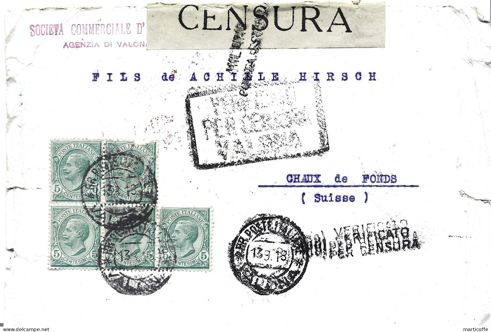 Lettre De Valona (Albanie) Avec Cachet à Date Et Double Cachet De Censure 981, Bande De Censure, Cachet Rouge Milano Dos - Albanië