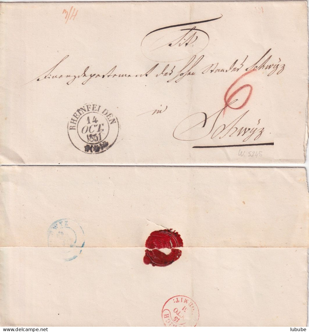 Faltbrief  Rheinfelden - Zürich - Schwyz         1851 - 1843-1852 Federal & Cantonal Stamps