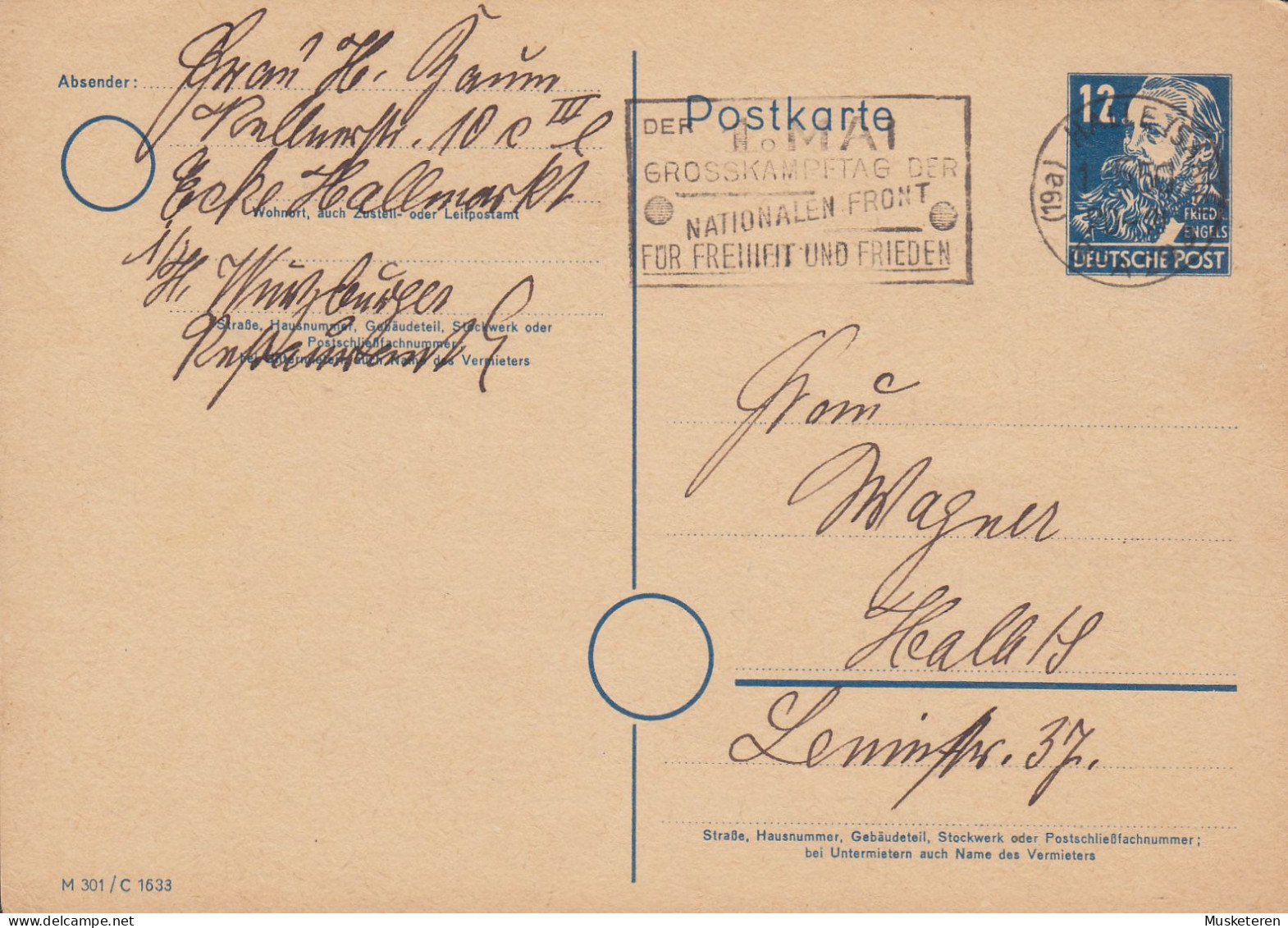 Alliierte Besetzung Soviet Zone Postal Stationery Ganzsache Friedrich Engels M 301 / C 1633 Slogan HALLE Saale 1950 - Ganzsachen