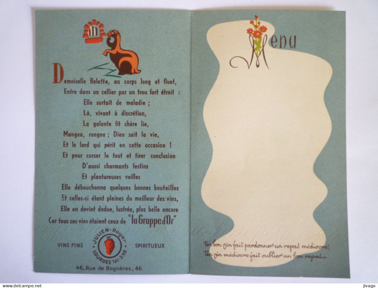 2023 - 2292  MENU  Avec FABLE De La Fontaine  (2 Volets)   XXX - Menus