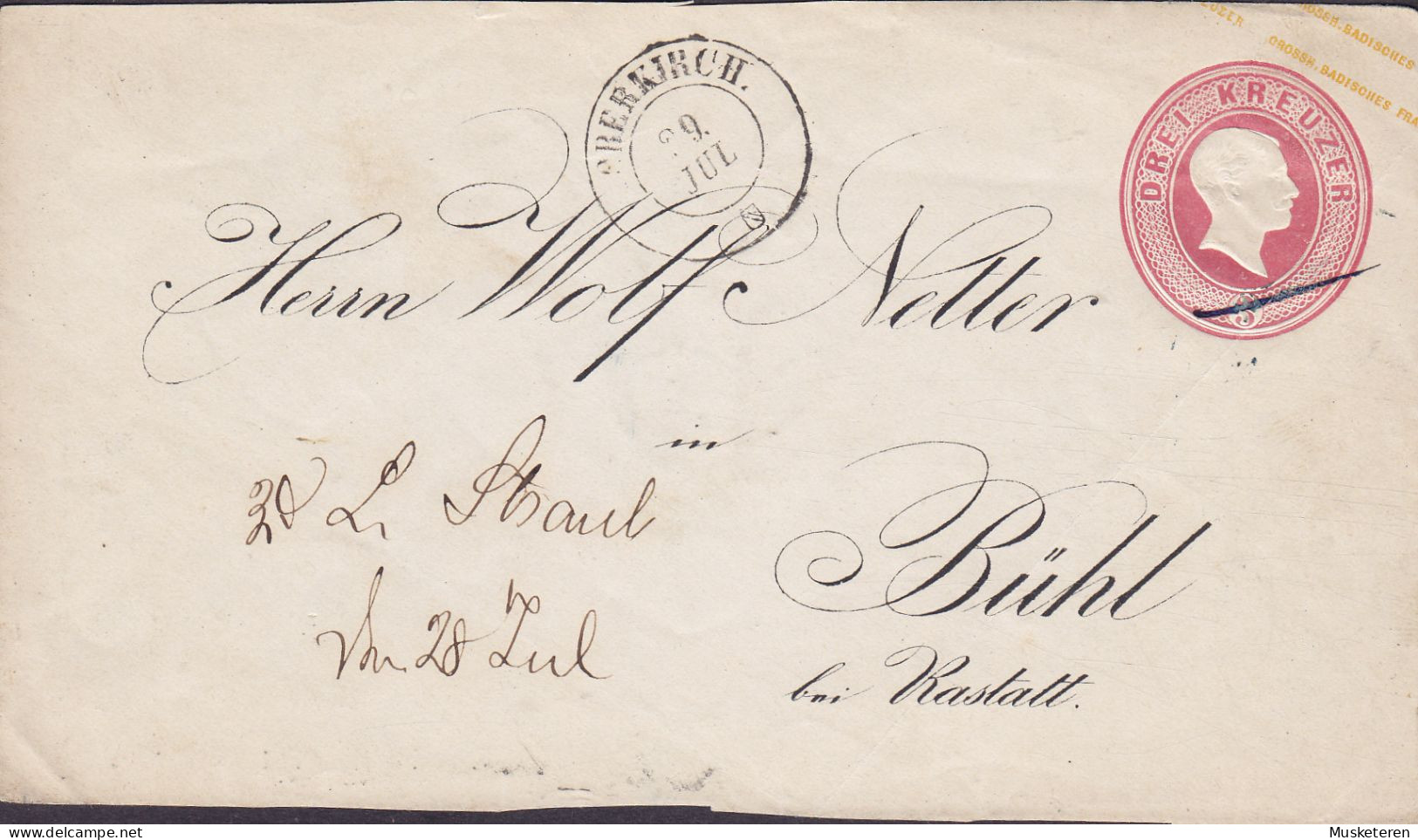 Baden Postal Stationery Ganzsache 3 Kr. Friedrich OBERKIRCH Cds. PRIVATE Print WOLFE NETTER BÜHL B. RASTATT Front ONLY ! - Postal  Stationery