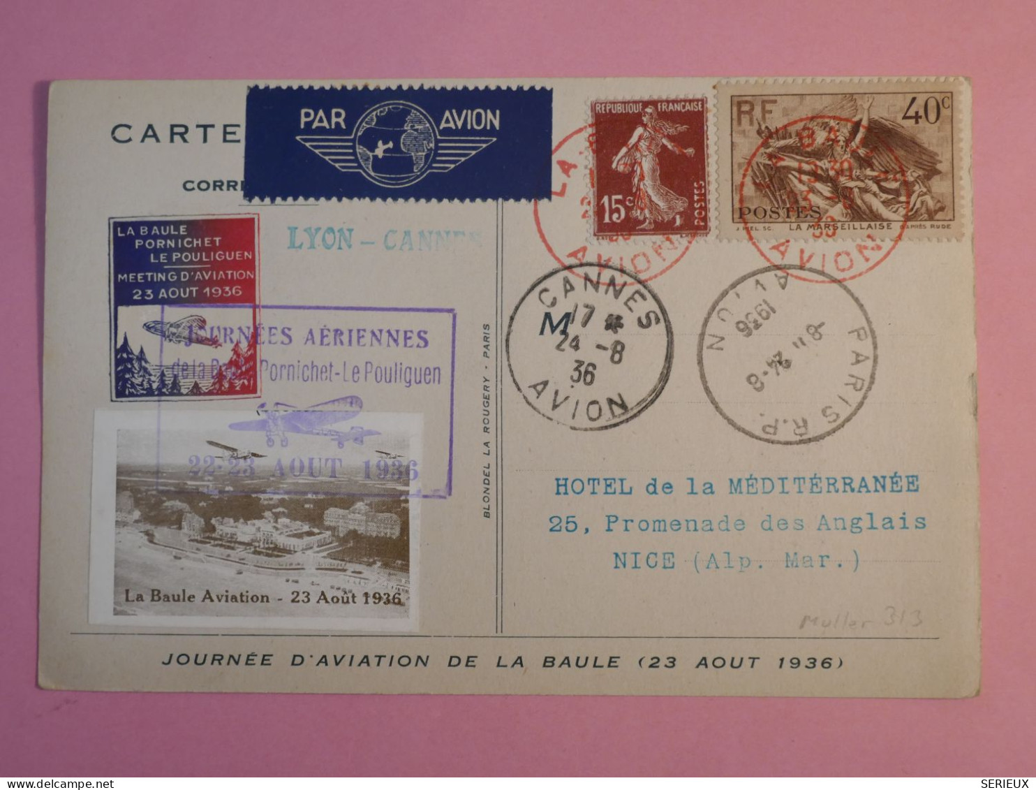 DB17  FRANCE BELLE LETTRE 1936 MEETING LA BAULE A L HOTEL NICE +VIGNETTE +AFF. INTERESSANT+++ - 1927-1959 Storia Postale