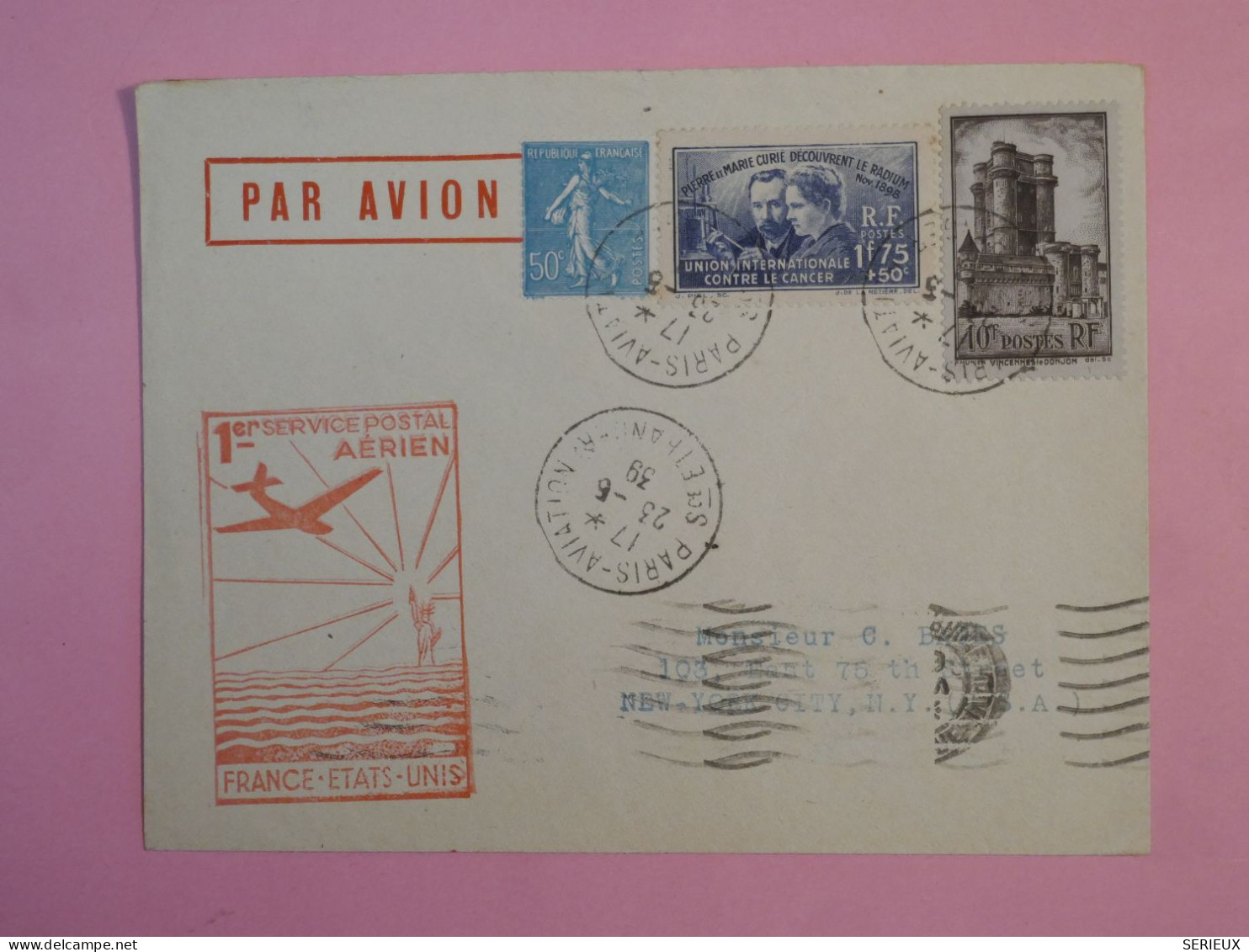 DB17  FRANCE BELLE LETTRE 1939 1ER SERVICE POSTAL  PARIS NEW YORK  USA +AFF. INTERESSANT+++ - First Flight Covers