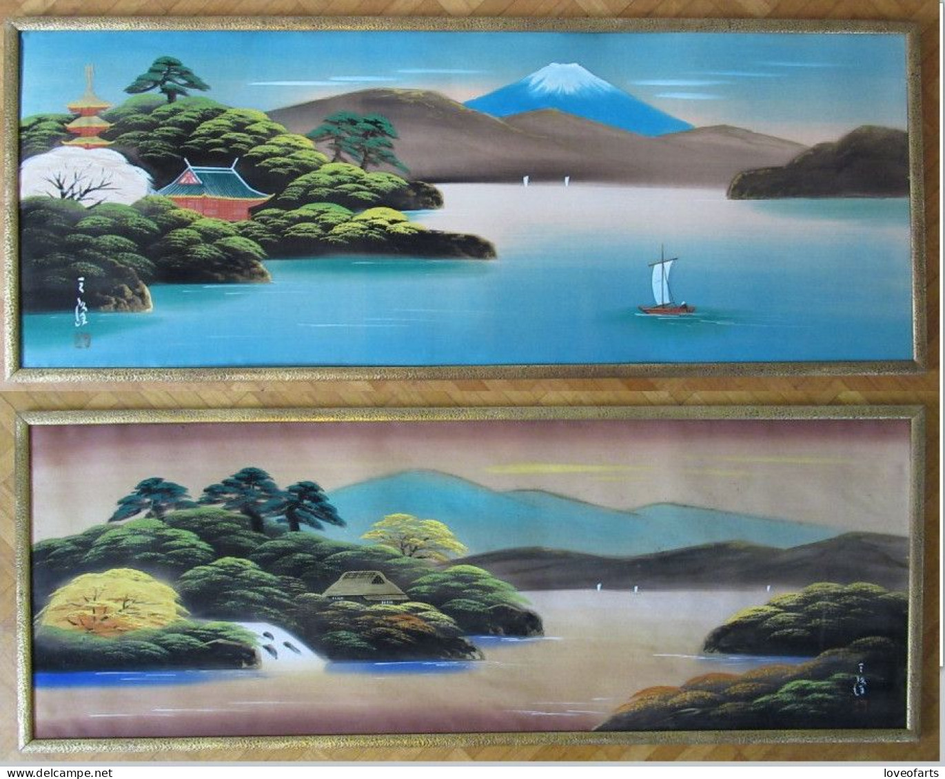 Japon - Paire De Grandes Peintures Sur Soie Avec Paysage Marin Et Le Mont Fuji - 1920 - Waterverf