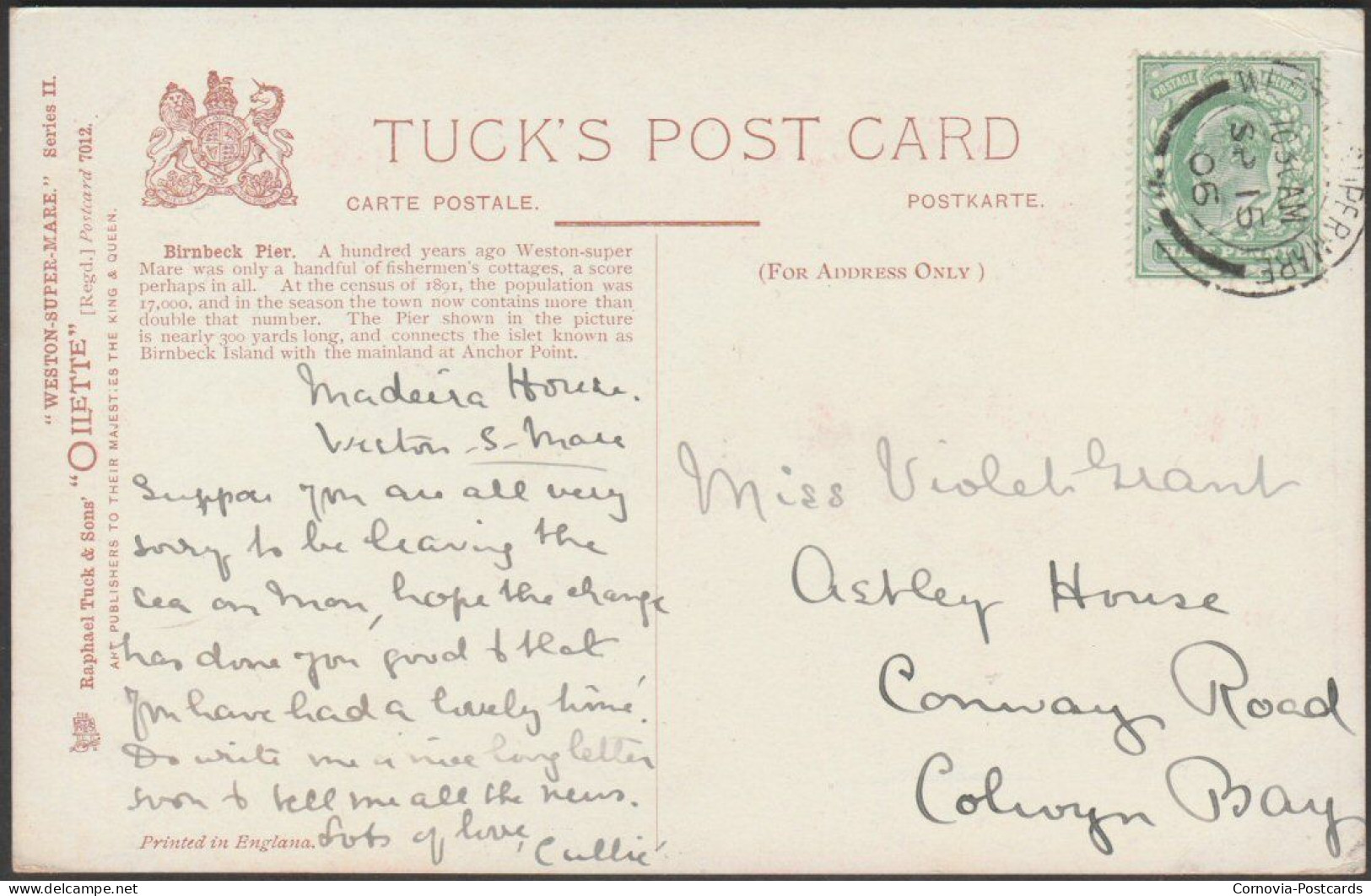 Birnbeck Pier, Weston-Super-Mare, 1906 - Tuck's Oilette Postcard - Weston-Super-Mare