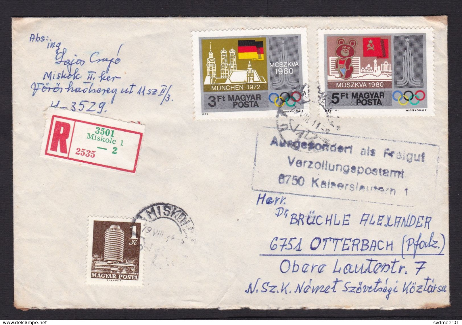 Hungary: Registered Cover To Germany, 1979, 3 Stamps, Olympics Moscow, Customs Cancel No Tax (discolouring) - Brieven En Documenten