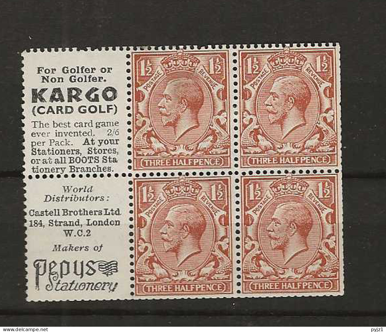 1924 MH Great Britain SG 420d Booklet Pane - Unused Stamps