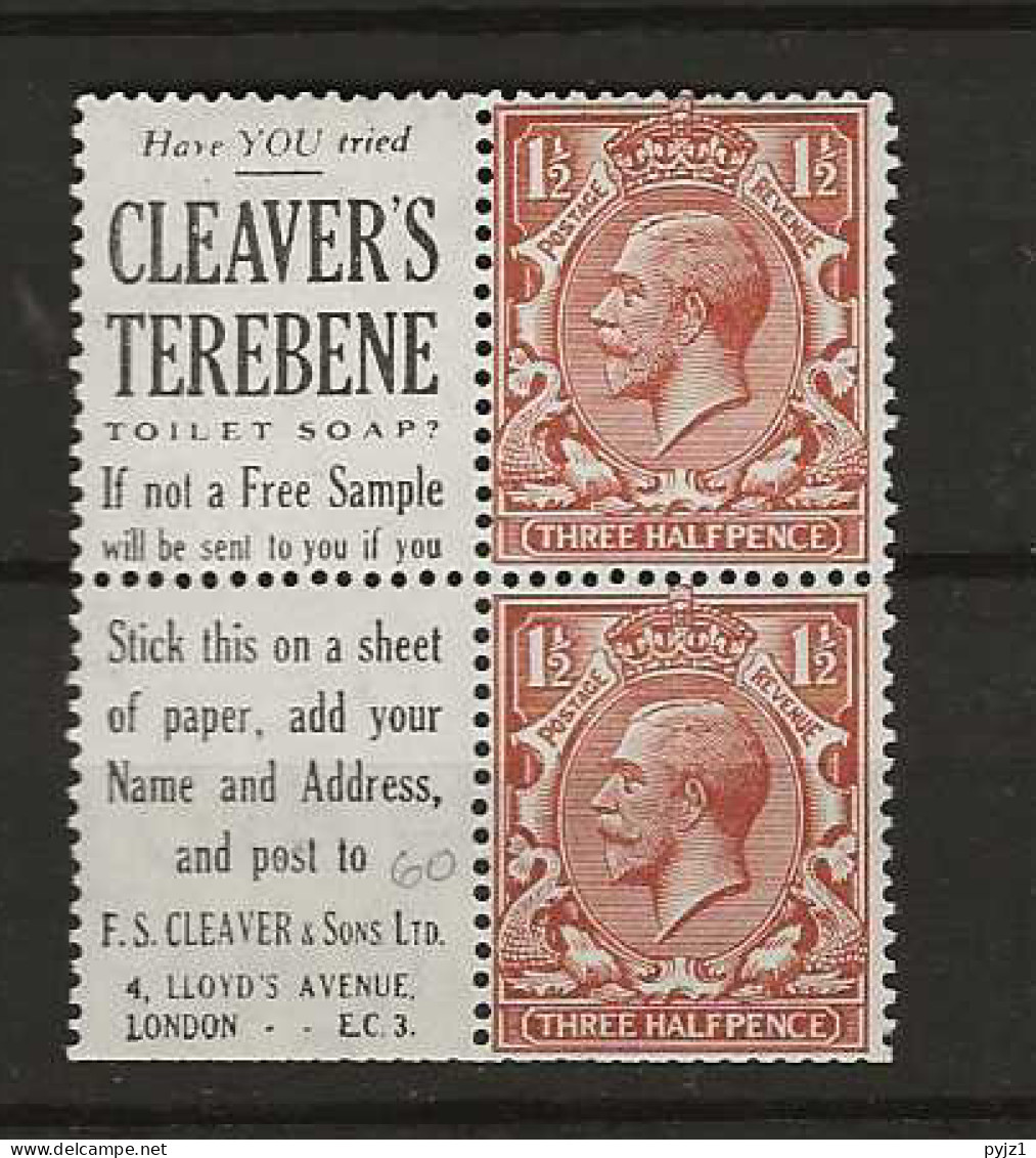 1924 MH Great Britain SG 420d Part Booklet Pane With Adverticement Labels - Unused Stamps