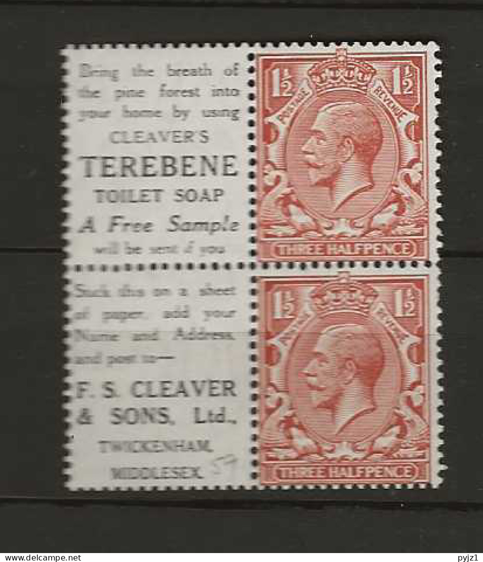 1924 MH Great Britain SG 420d Part Booklet Pane With Adverticement Labels - Unused Stamps