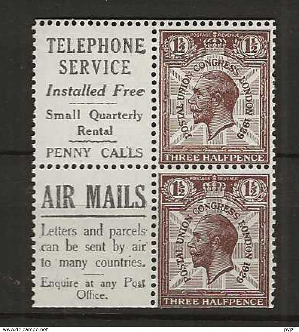 1929 MH Great Britain SG 436b Part Booklet Pane With Adverticement Labels - Ongebruikt